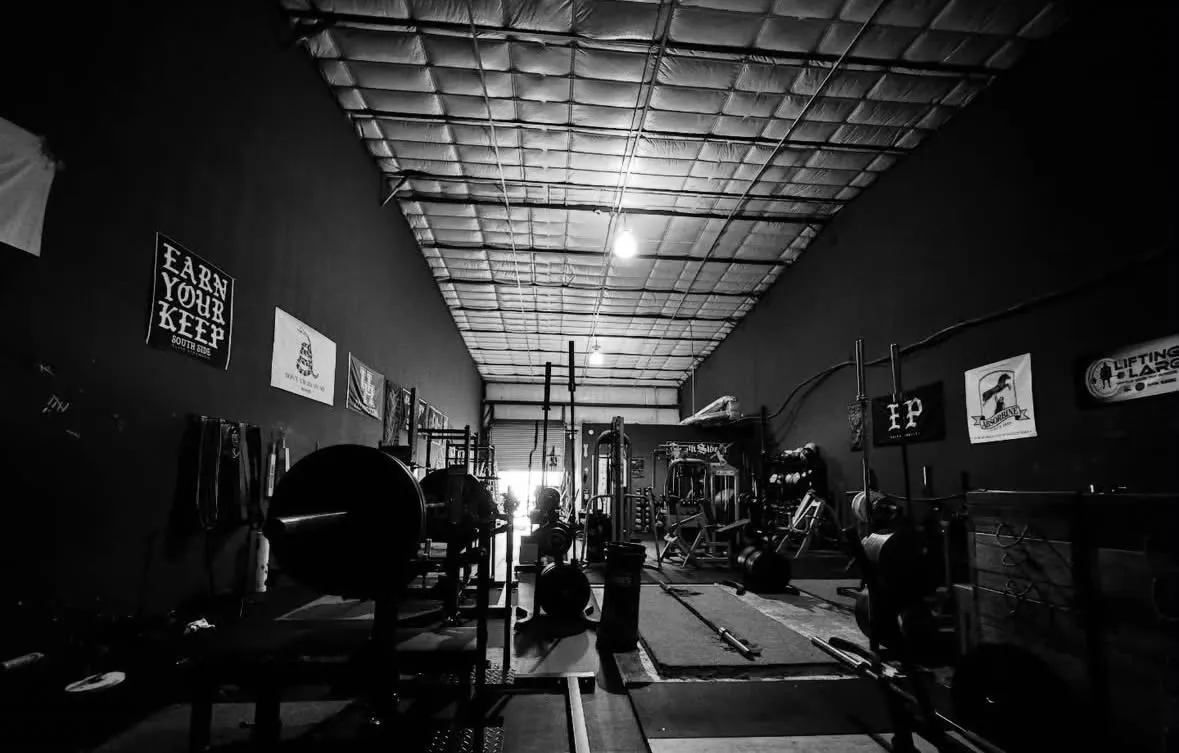 The main training floor, racks and platforms under the warehouse roof